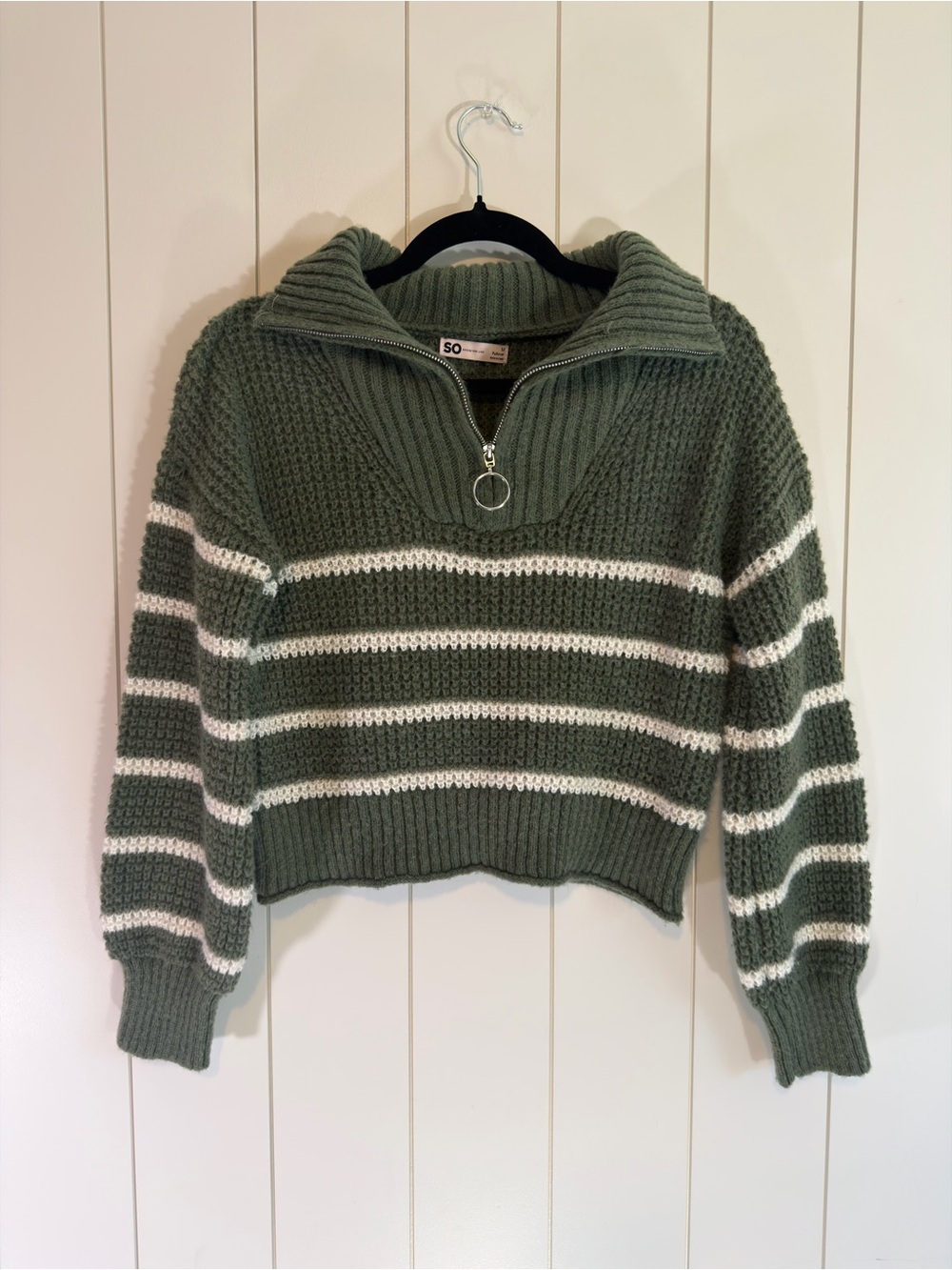 SO Olive & Cream Striped Half-Zip Turtleneck Sweater - Size M